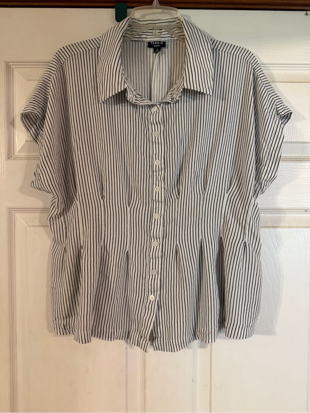 torrid White and Black Vertical Striped Button-Down Peplum Shirt